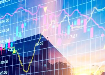 A modern glass building is shown at sunset with colorful financial charts, graphs, and stock market data overlaid transparently across the image. | ZIIMP