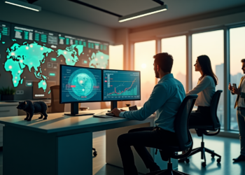 People in an office with large windows and a world map digital display. Two monitors show graphs and data. A bear figurine is on the desk. Three individuals are present: one working at a desk, another standing, and one using a phone. | ZIIMP