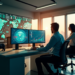 People in an office with large windows and a world map digital display. Two monitors show graphs and data. A bear figurine is on the desk. Three individuals are present: one working at a desk, another standing, and one using a phone. | ZIIMP