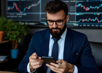 A man in a suit and glasses sits at a desk, reviewing investment strategies on his smartphone. Behind him, large screens display stock market charts. A plant on a shelf to his side adds a touch of greenery to the professional setting. | ZIIMP