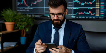 A man in a suit and glasses sits at a desk, reviewing investment strategies on his smartphone. Behind him, large screens display stock market charts. A plant on a shelf to his side adds a touch of greenery to the professional setting. | ZIIMP