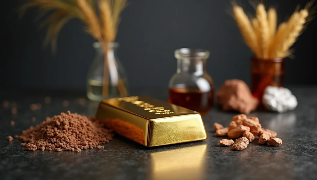 A gold bar on a dark surface surrounded by cocoa powder, cocoa beans, and glass jars with wheat and liquid highlights the essence of commodity investment, set against a blurred background. | ZIIMP