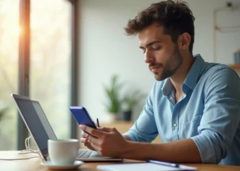 A man sits at a desk by a window, looking at his smartphone while using a laptop to research how to choose the right brokerage account. Sunlight streams in as he sips coffee, with a notebook and pen beside him. | ZIIMP