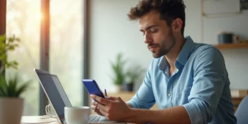 A man sits at a desk by a window, looking at his smartphone while using a laptop to research how to choose the right brokerage account. Sunlight streams in as he sips coffee, with a notebook and pen beside him. | ZIIMP