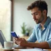 A man sits at a desk by a window, looking at his smartphone while using a laptop to research how to choose the right brokerage account. Sunlight streams in as he sips coffee, with a notebook and pen beside him. | ZIIMP
