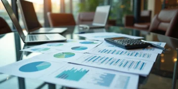 A close-up of financial documents and Financial Statements with charts and graphs, a calculator, and two open laptops on a glass table in a modern office with large windows. | ZIIMP