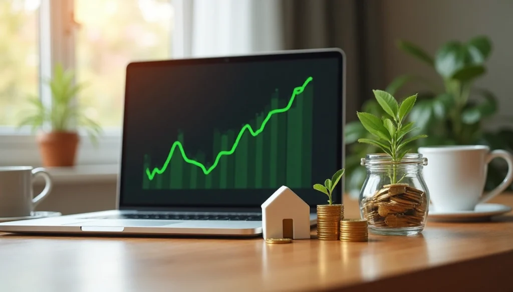 A laptop displaying a rising green graph sits on a desk next to stacked coins, a small house model, and a jar with coins and a plant, visually answering the question: What is Investing and how does it support financial growth?. | ZIIMP
