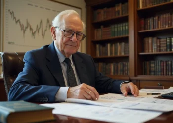 Warren Buffett, sits at a desk with financial documents in an office lined with bookshelves. A stock market Value Investing Secrets chart hangs on the wall behind him as light streams through a window to his left. | ZIIMP