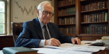 Warren Buffett, sits at a desk with financial documents in an office lined with bookshelves. A stock market Value Investing Secrets chart hangs on the wall behind him as light streams through a window to his left. | ZIIMP