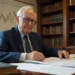 Warren Buffett, sits at a desk with financial documents in an office lined with bookshelves. A stock market Value Investing Secrets chart hangs on the wall behind him as light streams through a window to his left. | ZIIMP